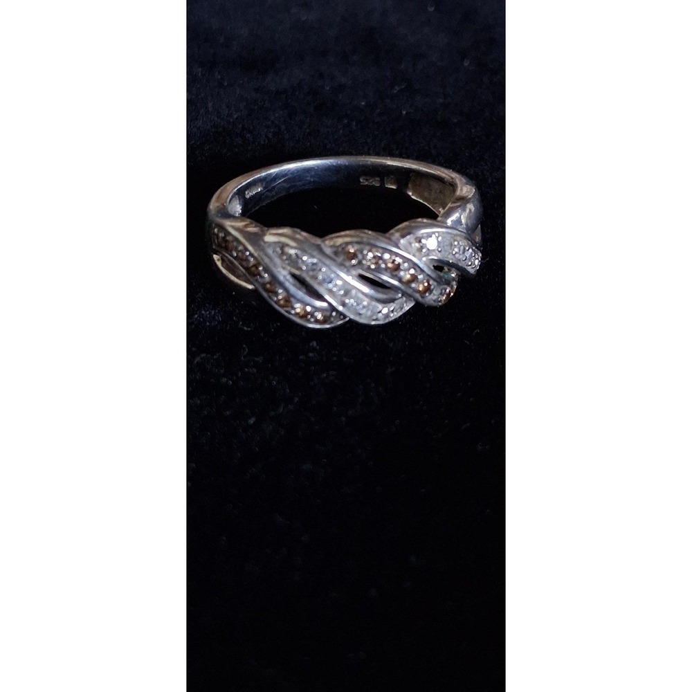 Affinity Sterling Silver 925 Champagne and White Diamond Twist Band Ring. Size 8